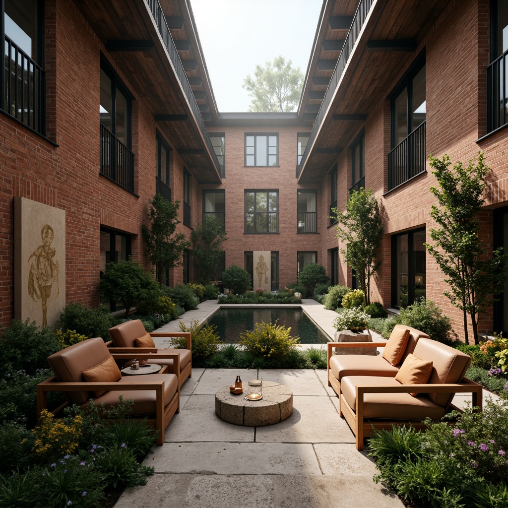 Prompt: Rustic monastery courtyard, exposed brick walls, industrial metal beams, reclaimed wood accents, minimalist chic decor, natural stone flooring, atmospheric fog lighting, soft warm ambiance, 1/1 composition, intimate close-ups, realistic textures, ambient occlusion, serene atmosphere, lush greenery, vibrant flowers, peaceful water features, abstract modern art pieces, eclectic vintage furniture, distressed leather upholstery, rich wooden tones, earthy color palette.