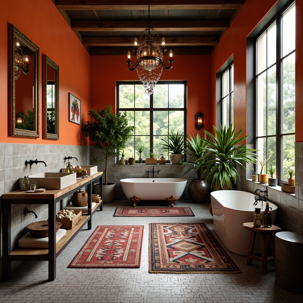 Prompt: Vibrant eclectic bathroom, bold color blocking, contrasting textures, distressed wooden accents, industrial metal fixtures, vintage ornate mirrors, Moroccan-inspired tilework, geometric patterned rugs, lush greenery, natural stone countertops, modern minimalist sink basins, ornate crystal chandeliers, soft warm lighting, shallow depth of field, 3/4 composition, panoramic view, realistic textures, ambient occlusion.