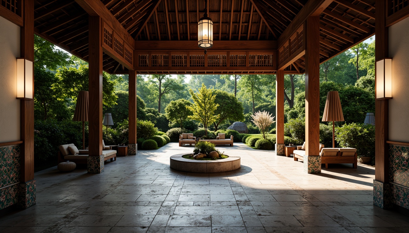 Prompt: Serenely lit pavilion, intricately carved wooden structures, vibrant Asian-inspired tiles, lush greenery, natural stone flooring, delicate lanterns, soft warm lighting, shallow depth of field, 3/4 composition, panoramic view, realistic textures, ambient occlusion, elegant curved lines, minimal ornamentation, subtle color palette, harmonious fusion of nature and architecture, tranquil ambiance, peaceful atmosphere, traditional Asian motifs, cultural heritage inspiration.