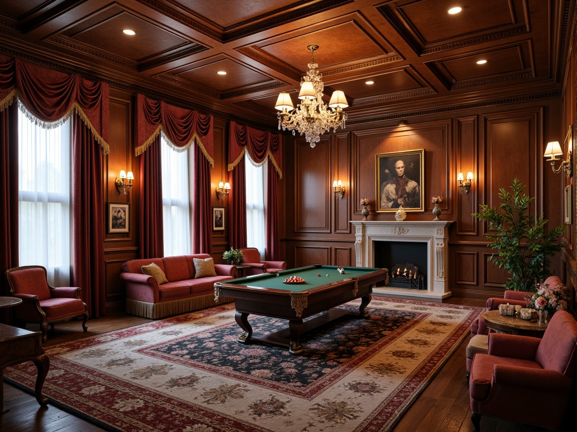 Prompt: Luxurious game room, rich wood paneling, ornate moldings, carved wooden furniture, velvet drapes, golden accents, intricate patterns, tufted upholstery, marble fireplace, crystal chandeliers, warm earthy tones, soft warm lighting, shallow depth of field, 3/4 composition, realistic textures, ambient occlusion.