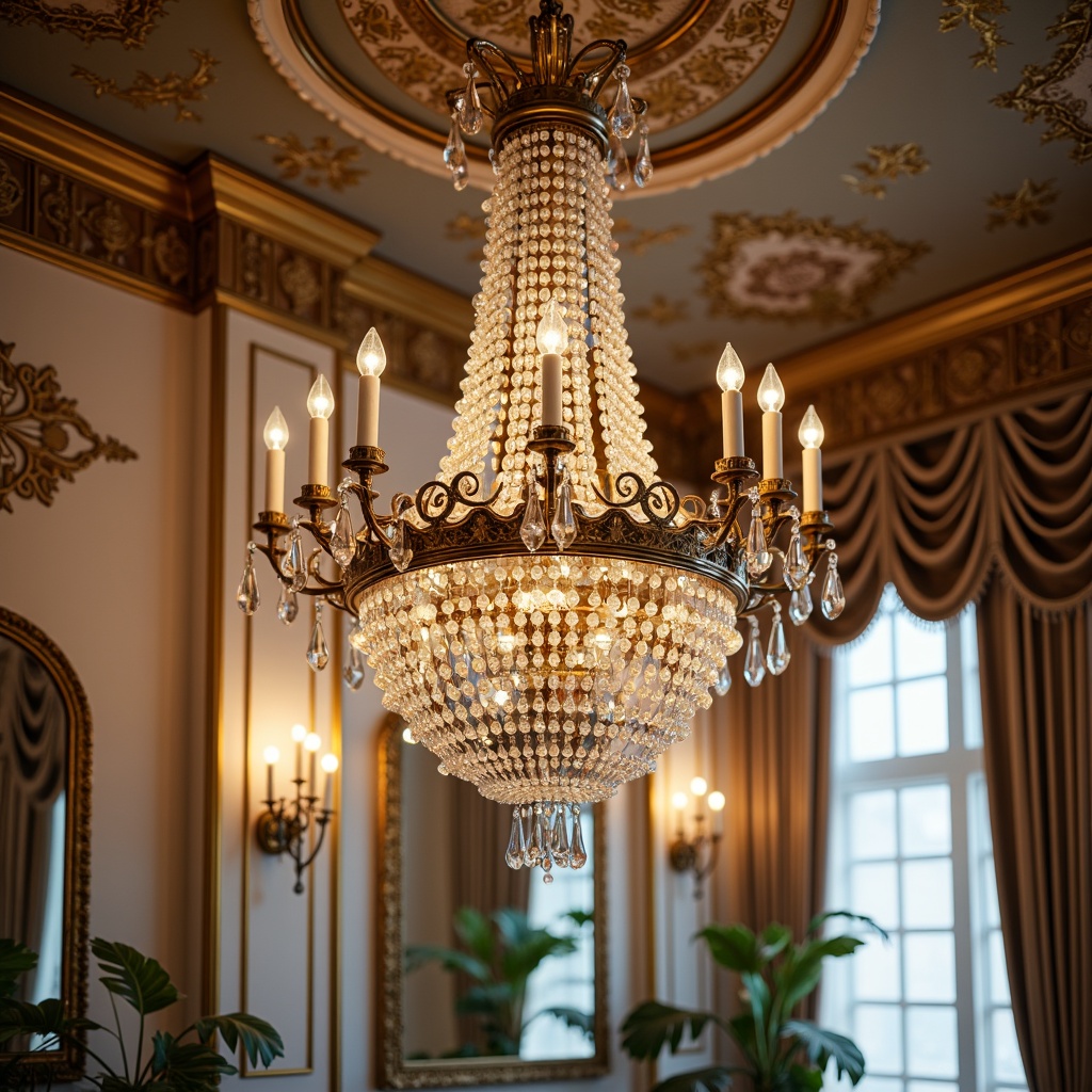 Prompt: Ornate chandeliers, crystal drops, gilded metalwork, soft warm glow, pastel color palette, intricate carvings, floral patterns, curved lines, luxurious fabrics, velvet drapes, ornamental mirrors, golden accents, delicate tracery, whimsical silhouettes, airy atmosphere, subtle shadows, 1/1 composition, intimate ambiance, realistic reflections, warm color temperature.