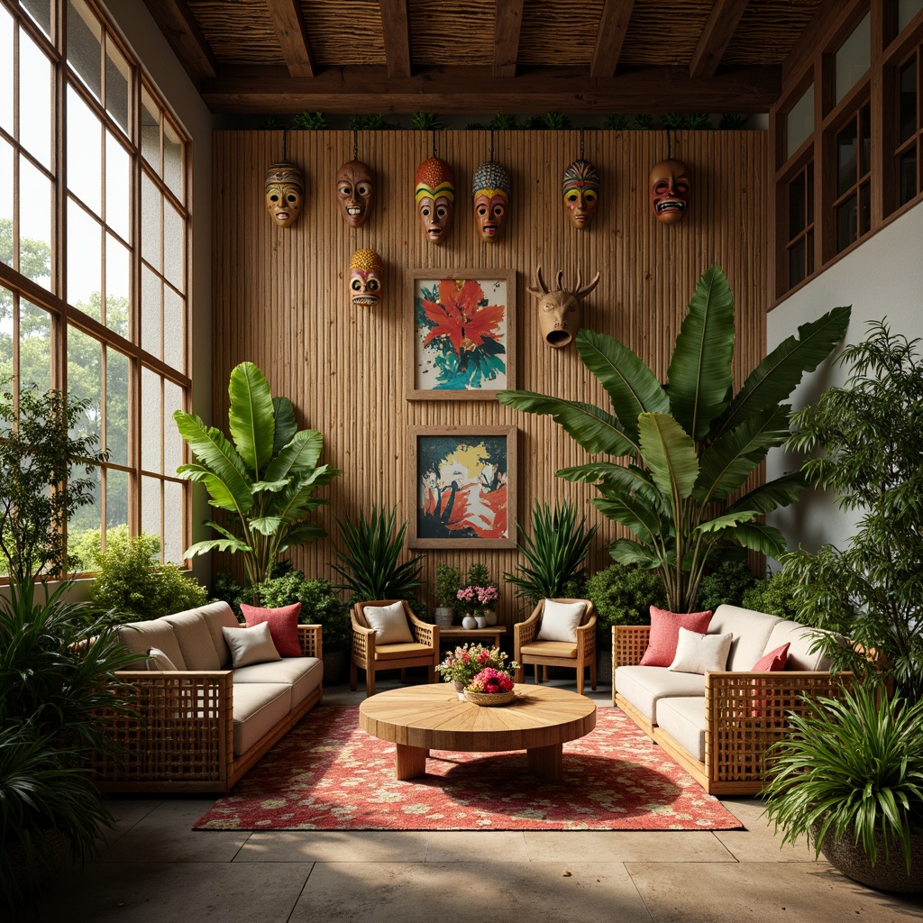 Prompt: Vibrant tropical leaves, exotic flowers, woven bamboo wall hangings, natural fiber textures, distressed wood accents, colorful tiki masks, abstract ocean-inspired artwork, palm tree silhouettes, rattan furniture pieces, warm golden lighting, soft focus photography, shallow depth of field, 1/2 composition, atmospheric perspective, realistic renderings, ambient occlusion.