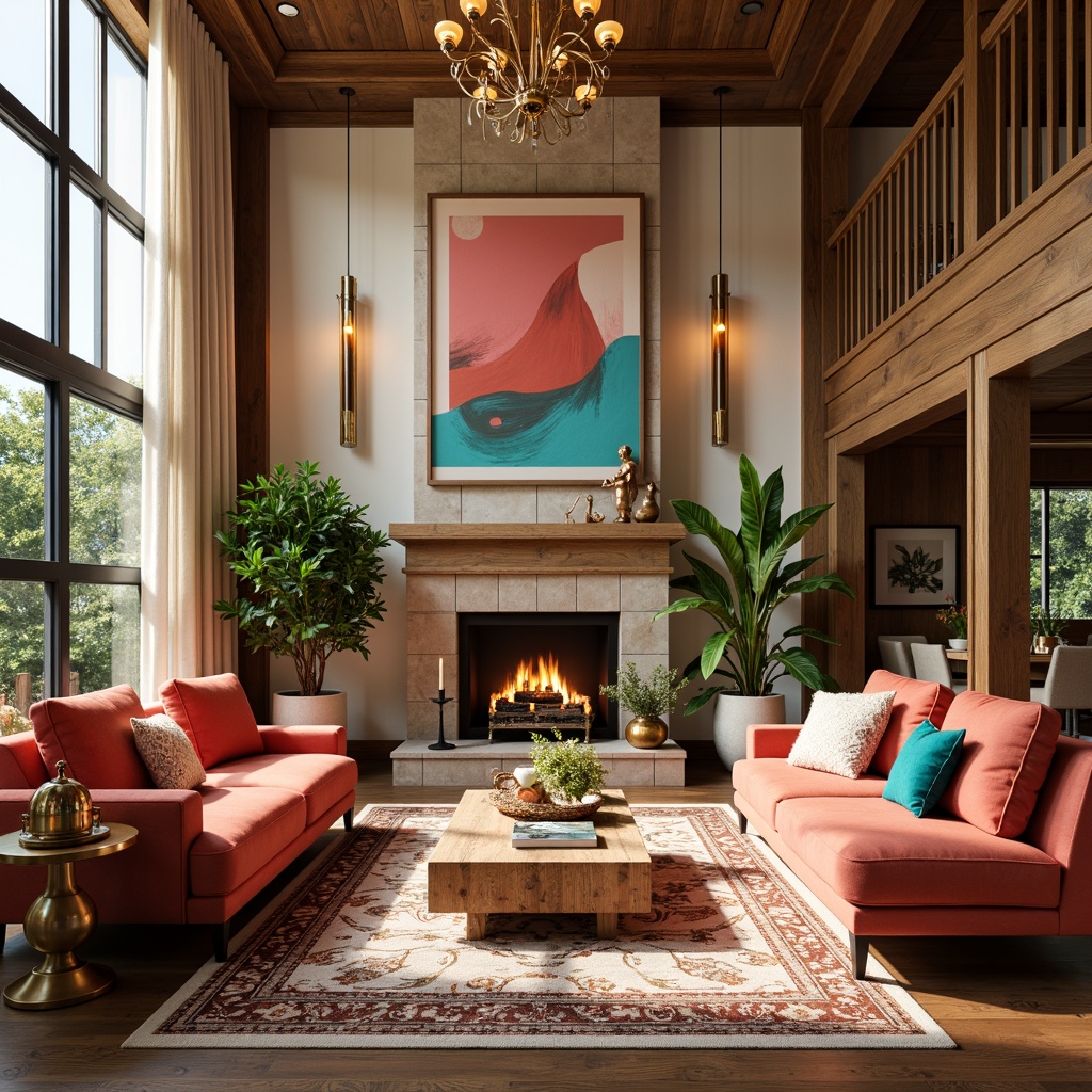 Prompt: Vibrant living room, warm beige walls, rich walnut wood furniture, plush velvet sofas, metallic gold accents, soft cream carpets, natural stone fireplace, floor-to-ceiling windows, abundant sunlight, dramatic chandelier, bold coral hues, deep turquoise tones, earthy terracotta shades, luxurious silk fabrics, intricate patterned rugs, ambient warm lighting, 1/1 composition, realistic textures, shallow depth of field.