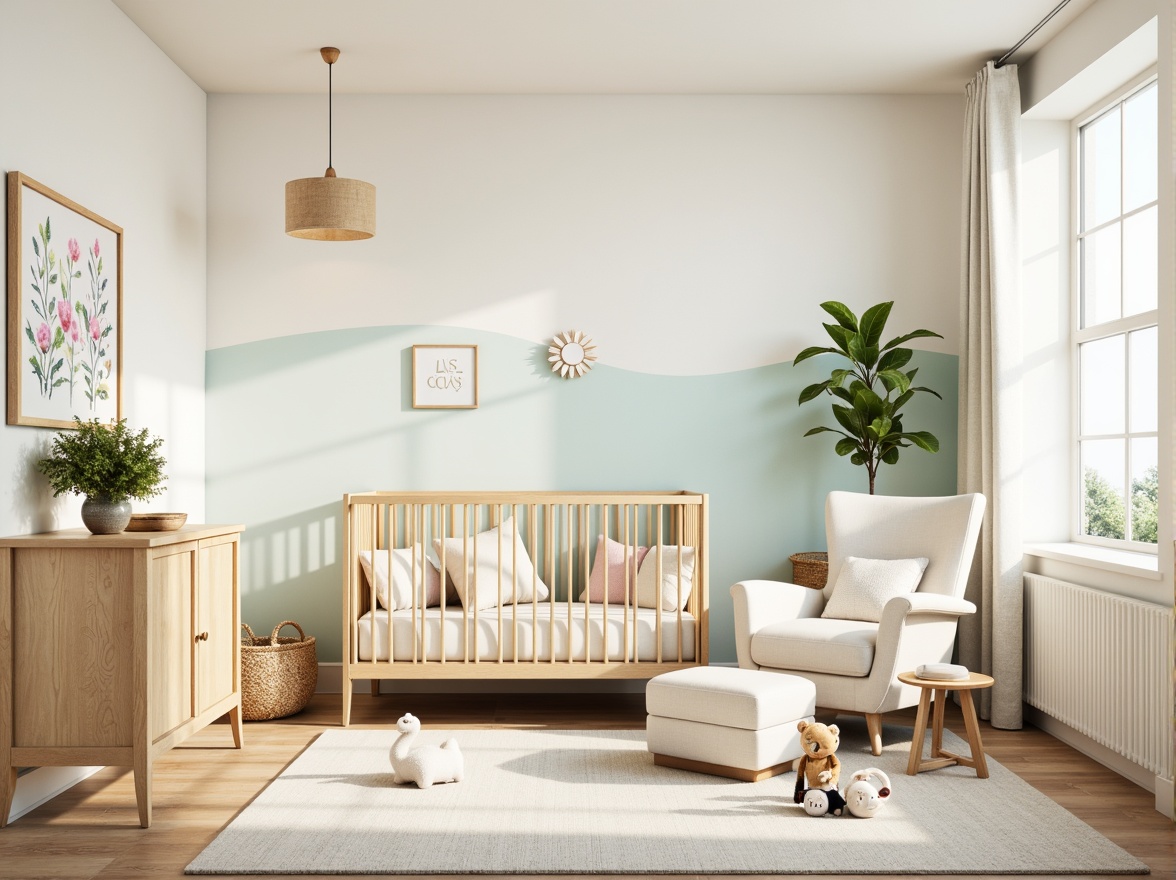 Prompt: Soft pastel nursery, gentle cream walls, pale blue accents, warm beige furniture, plush toys, delicate floral patterns, natural wood crib, sheer curtains, morning sunlight, soft focus, shallow depth of field, 1/1 composition, calming atmosphere, soothing color scheme.