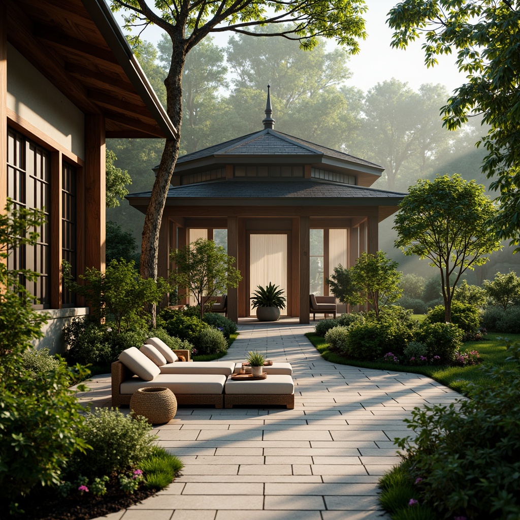 Prompt: Exquisite pavilion, Asian-inspired architecture, lush greenery, vibrant tropical plants, delicate bonsai trees, natural stone flooring, wooden accents, intricately carved furniture, soft warm lighting, shallow depth of field, 1/1 composition, realistic textures, ambient occlusion, misty morning atmosphere, subtle scent of blooming flowers, earthy tone color palette.