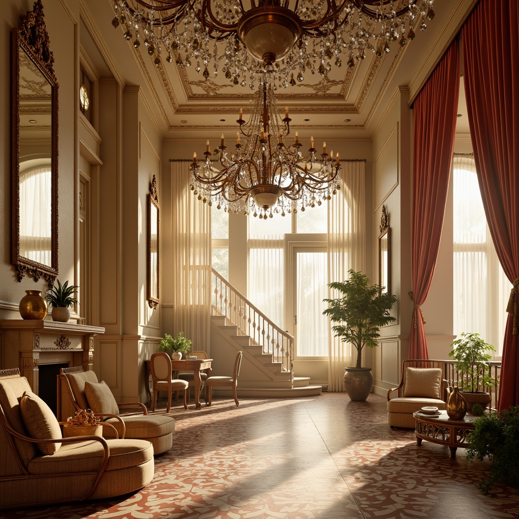 Prompt: Ornate chandeliers, crystal droplets, soft warm glow, golden accents, delicate filigree, intricate patterns, pastel color palette, lavish furnishings, opulent fabrics, velvet drapes, gilded frames, majestic staircases, grand ballrooms, ornamental mirrors, subtle shading, creamy highlights, 1/1 composition, shallow depth of field, warm color temperature, realistic textures, ambient occlusion.