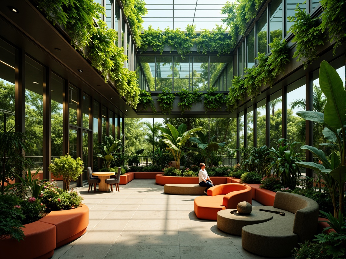 Prompt: Vibrant tropical cinema, lush green walls, exotic plants, warm natural light, glass partitions, sleek metal frames, minimalist decor, modernist architecture, curved lines, bright color scheme, comfortable seating areas, intimate ambiance, soft focus lighting, shallow depth of field, 1/1 composition, cinematic atmosphere, realistic textures, ambient occlusion.