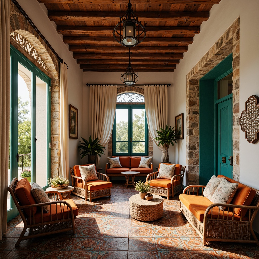 Prompt: Vibrant Mediterranean villa, rustic stone walls, turquoise accents, ornate ironwork, lavish furnishings, plush velvet fabrics, intricate embroidery, colorful ceramic tiles, Moroccan-inspired patterns, natural linen drapes, woven wicker furniture, distressed wood accents, warm golden lighting, shallow depth of field, 1/2 composition, soft focus, realistic textures.