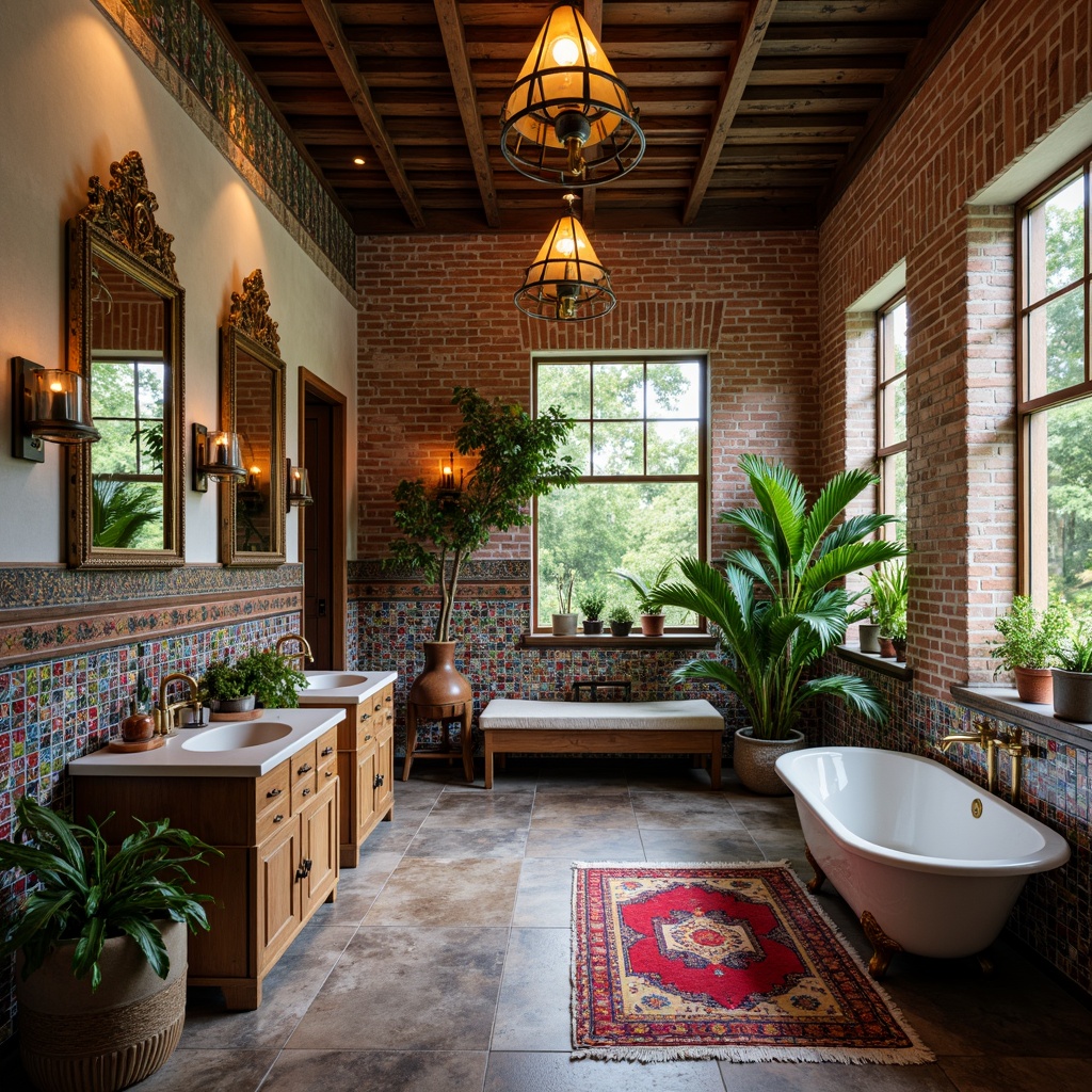 Prompt: Vibrant eclectic bathroom, ornate mirrors, antique fixtures, distressed wood cabinets, decorative tilework, Moroccan-inspired mosaics, colorful glass accents, freestanding tubs, industrial-style lighting, exposed brick walls, natural stone flooring, reclaimed wood vanities, unique sculptural faucets, oversized pendant lights, bold patterned rugs, lush greenery, soft warm lighting, shallow depth of field, 3/4 composition, realistic textures, ambient occlusion.