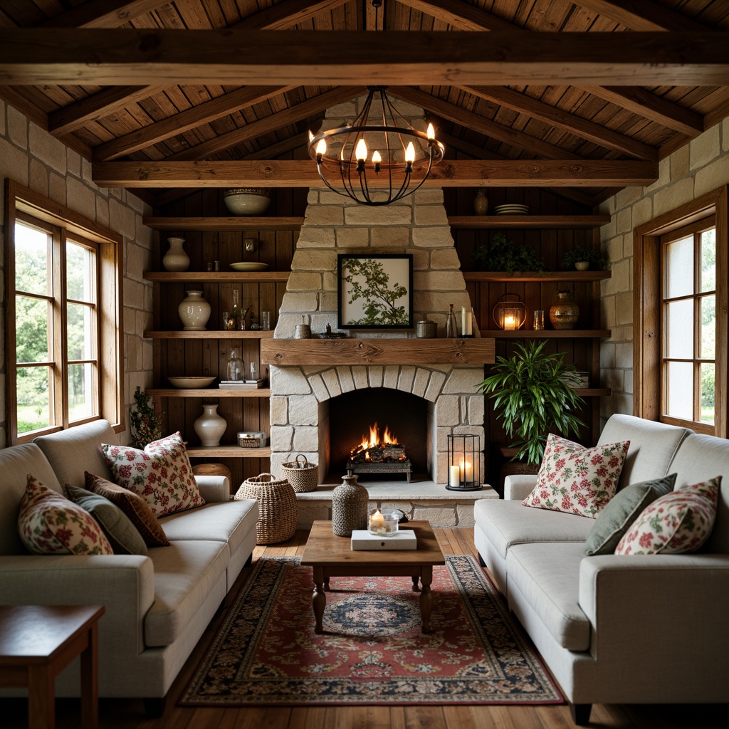 Prompt: Rustic cabin, wooden accents, natural stone walls, earthy tones, vintage furniture, distressed finishes, ornate metalwork, lantern-style lighting, woven textiles, floral patterns, botanical prints, nature-inspired accessories, reclaimed wood shelves, exposed beams, cozy fireplace, warm candlelight, soft focus, shallow depth of field, 1/1 composition, warm color palette, realistic textures.