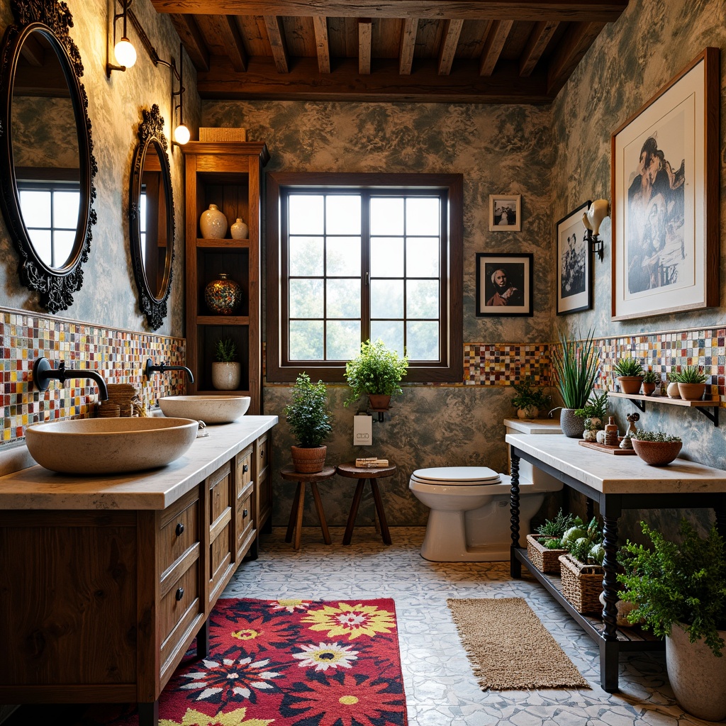 Prompt: Vibrant eclectic bathroom, colorful mosaic tiles, ornate mirrors, antique fixtures, distressed wood cabinetry, industrial metal accents, bold patterned rugs, natural stone countertops, pendant lighting, greenery-filled planters, reclaimed wood shelving, statement artwork, geometric-shaped sinks, matte black faucets, warm soft lighting, 1/1 composition, shallow depth of field, realistic textures.