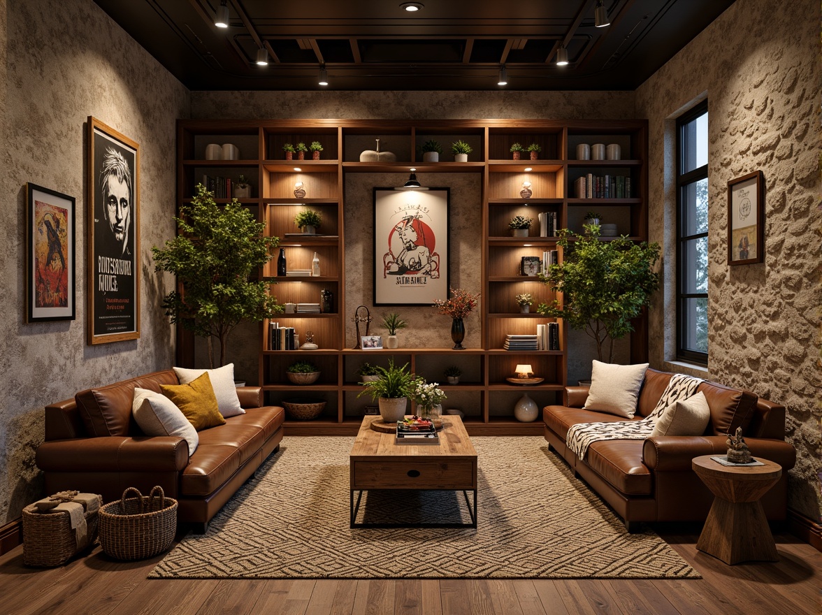 Prompt: Rustic game room, wooden accents, vintage posters, distressed leather sofas, chunky knit blankets, woven baskets, earthy tones, warm cozy lighting, plush area rugs, natural fiber textiles, tweed fabrics, geometric patterns, bold stripes, eclectic mix of vintage and modern elements, rich wood paneling, stone walls, industrial metal decor, functional shelving units.