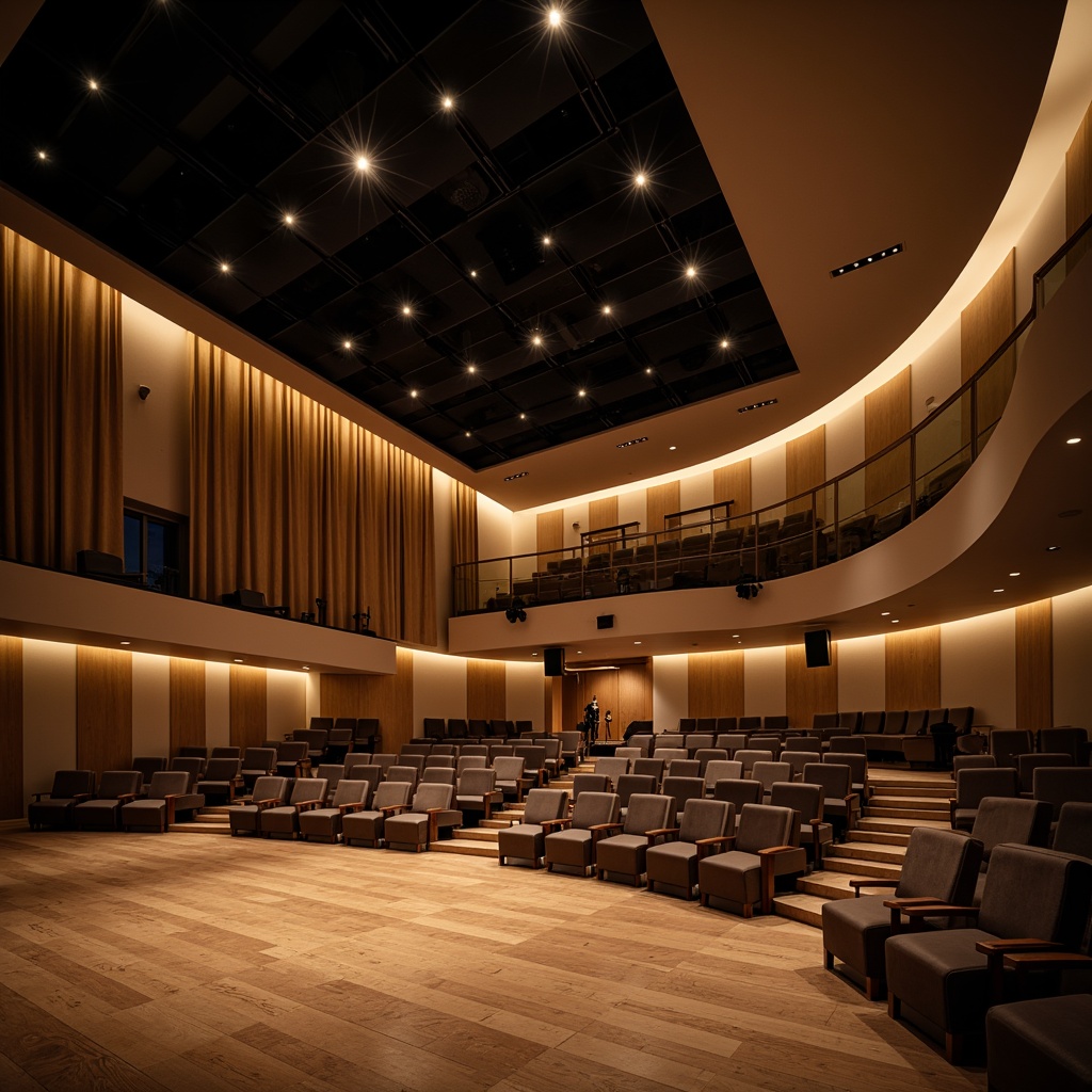 Prompt: Sleek auditorium, modern minimalist design, polished wooden floors, curved lines, geometric shapes, sound-absorbing acoustic panels, neutral color palette, LED stage lighting, professional audio equipment, tiered seating, plush velvet chairs, intimate performance space, warm ambient glow, soft focus spotlighting, shallow depth of field, 2/3 composition, realistic textures, subtle reflections.