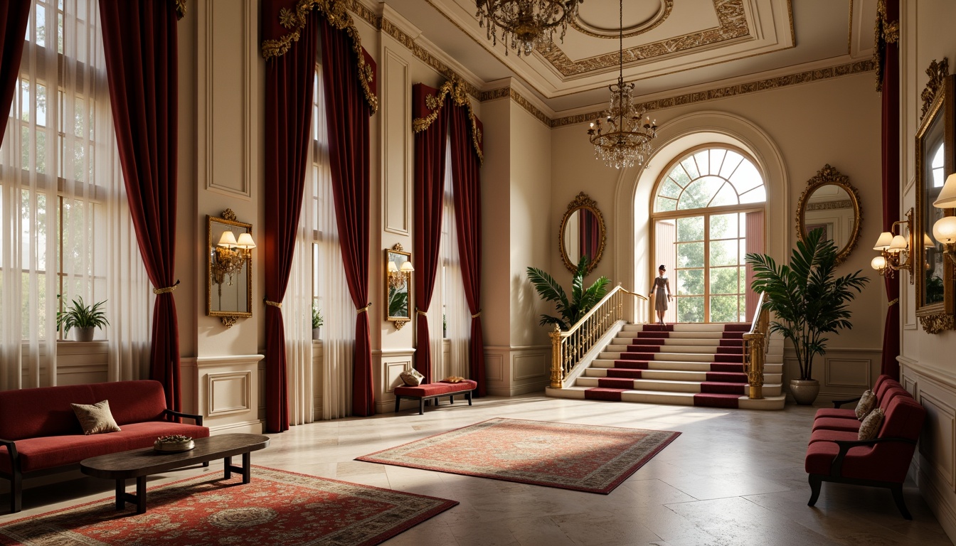 Prompt: Ornate mirrors, crystal chandeliers, luxurious velvet drapes, carved wooden furniture, gilded frames, intricate moldings, grand staircases, high ceilings, marble floors, ornamental columns, classic sculptures, vintage rugs, rich jewel tones, soft golden lighting, warm beige walls, elegant archways, refined minimalist decor, subtle texture contrasts, 1/1 composition, shallow depth of field, realistic reflections.