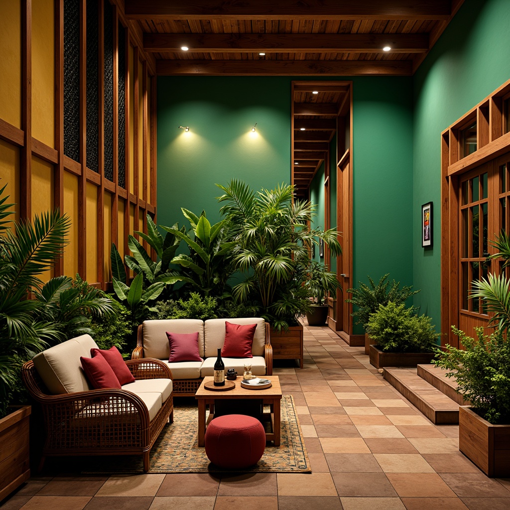 Prompt: Vibrant tropical colors, lush green walls, wooden accents, woven rattan furniture, plush velvet seats, ornate metalwork, intricate tile patterns, warm atmospheric lighting, diffused natural light, sound-absorbing panels, acoustic foams, decorative screens, ambient noise reduction, cinematic experience, immersive audio, 3D surround sound, Dolby Atmos system, comfortable seating areas, luxurious textiles, exotic plants, water features, misting systems, warm humid climate, relaxed atmosphere, soft warm lighting, shallow depth of field, 2/3 composition, cinematic framing.