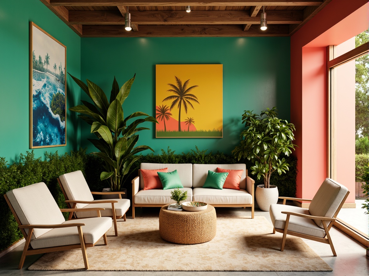 Prompt: Vibrant tropical office, lush green walls, bright coral accents, warm beige furniture, natural wood textures, woven rattan chairs, palm tree silhouettes, ocean-inspired blues, sunny yellow hues, exotic floral patterns, creamy white trim, airy open spaces, modern minimalist decor, sleek metal lighting fixtures, soft warm glow, shallow depth of field, 3/4 composition, panoramic view, realistic textures, ambient occlusion.