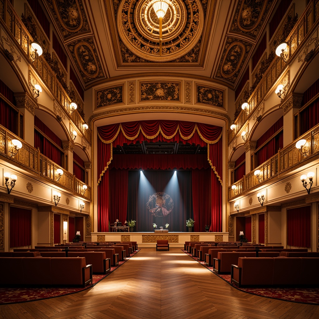 Prompt: Richly ornamented opera house, grandiose architecture, elegant curves, lavish decorations, red velvet curtains, gilded balconies, intricate moldings, polished marble floors, ornate chandeliers, luxurious fabrics, acoustic panels, wooden stage flooring, dramatic spotlights, warm golden lighting, shallow depth of field, 2/3 composition, symmetrical framing, detailed textures, ambient occlusion.