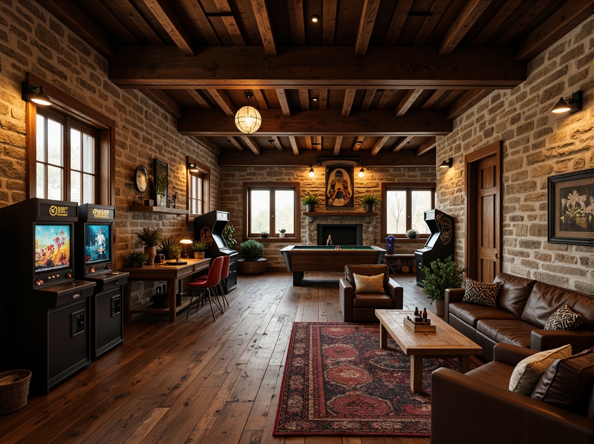 Prompt: Rustic game room, distressed wood flooring, reclaimed barnwood planks, warm earthy tones, rough-hewn stone walls, vintage gaming consoles, retro arcade machines, cozy plush carpets, rich leather sofas, wooden coffee tables, lantern-style lighting fixtures, natural fiber rugs, woven baskets, industrial metal accents, exposed brick walls, moody atmospheric lighting, cinematic color grading, shallow depth of field, 2/3 composition.