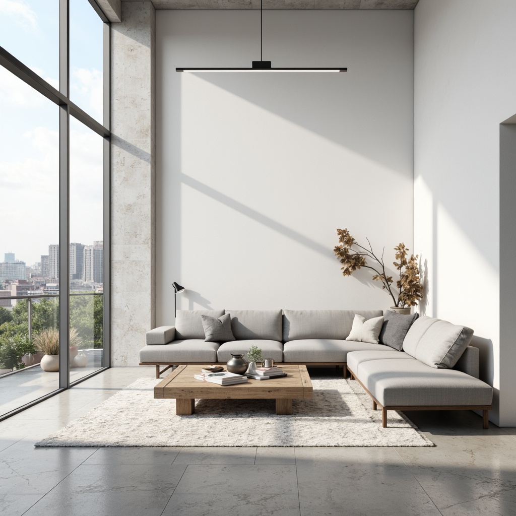 Prompt: Minimalist interior, sleek white walls, polished concrete floors, modern furniture pieces, low-profile sofas, minimalist coffee tables, geometric-shaped decor, monochromatic color scheme, abundant natural light, floor-to-ceiling windows, urban cityscape views, subtle textures, soft ambient lighting, 1/1 composition, realistic renderings, ambient occlusion, Scandinavian-inspired design, industrial-chic accents, reclaimed wood elements, metallic tones, adjustable LED lighting systems.