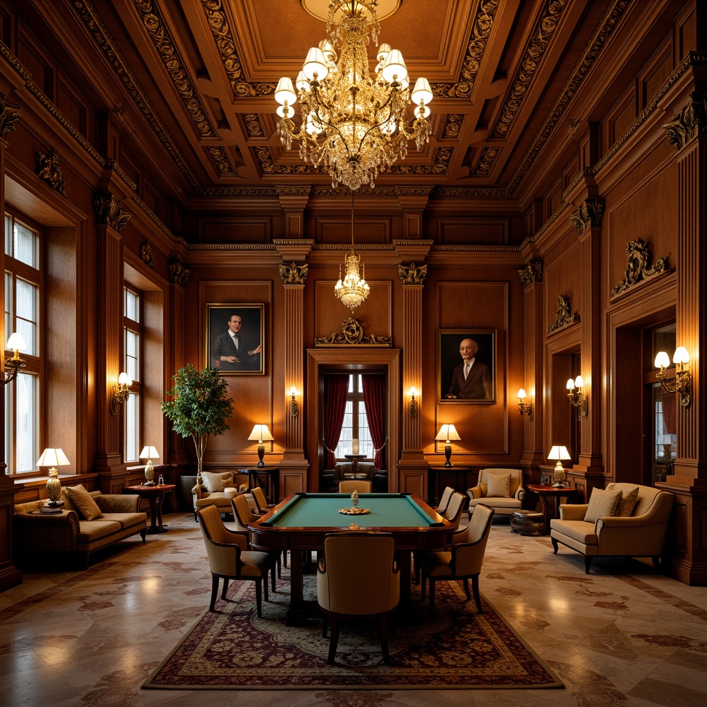 Prompt: Ornate game room, rich wood paneling, luxurious furnishings, intricately carved details, grand chandeliers, warm golden lighting, softbox lights, floor lamps, table lamps, ambient glow, dramatic shadows, high ceilings, ornamental moldings, stately columns, marble floors, velvet drapes, neoclassical architecture, symmetrical composition, 1/1 aspect ratio, realistic textures, subtle depth of field.