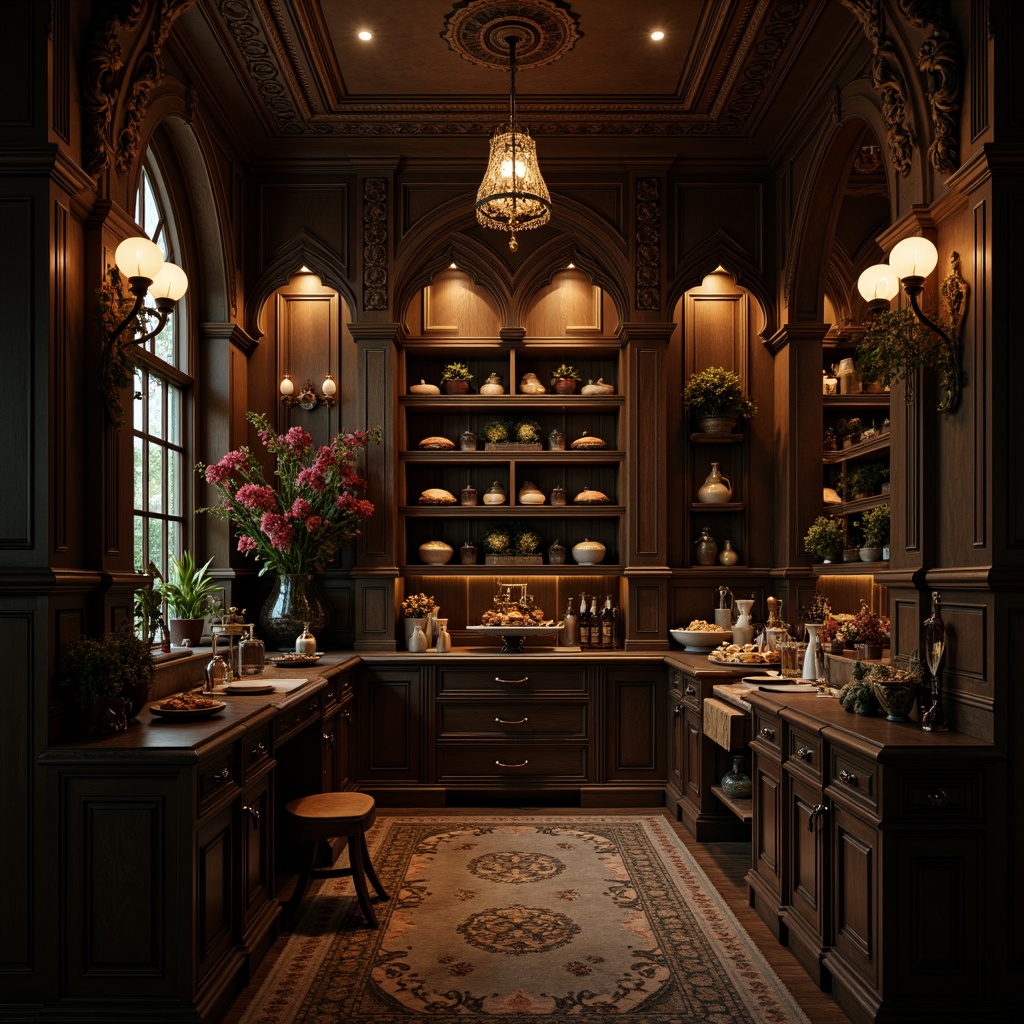 Prompt: Dark mysterious pantry, ornate cabinetry, intricate carvings, Gothic arches, pointed windows, rich wood tones, warm golden lighting, lavish decorations, luxurious finishes, grandiose chandeliers, mystical ambiance, eerie shadows, subtle texture details, high-contrast rendering, dramatic composition, 1/2 camera angle, cinematic mood.