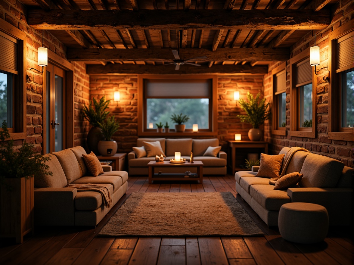 Prompt: Warm candlelight, soft lanterns, dimmed pendant lights, wooden beams, exposed brick walls, natural stone flooring, earthy color palette, cozy nooks, plush throw blankets, vintage furniture, distressed wood textures, warm golden lighting, shallow depth of field, 1/1 composition, realistic ambient occlusion, subtle shadowing.