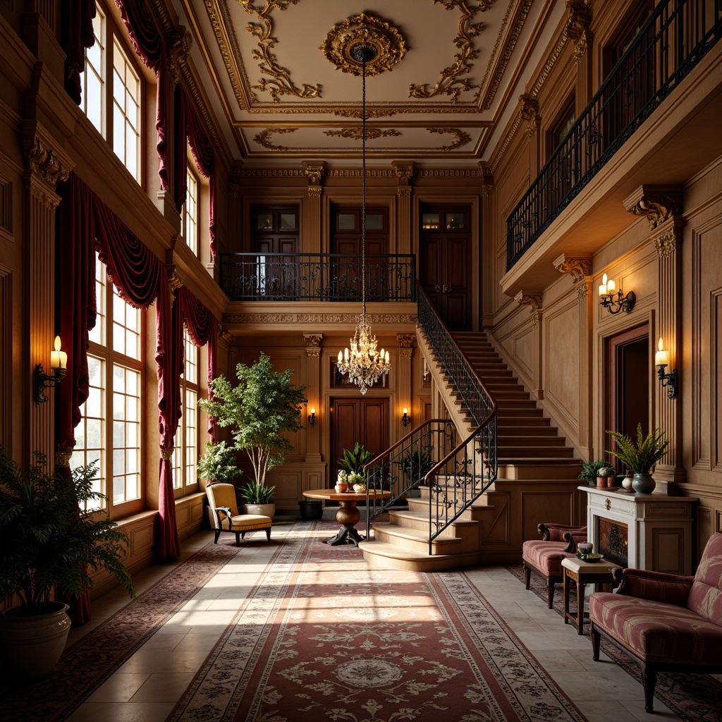 Prompt: Elegant Victorian mansion, intricately carved wooden doors, ornate metalwork, grand staircase, lavish chandeliers, rich velvet drapes, marble floors, ornamental plaster ceilings, decorative moldings, gilded frames, luxurious furnishings, opulent fabrics, intricate patterns, warm golden lighting, shallow depth of field, 1/1 composition, realistic textures, ambient occlusion.