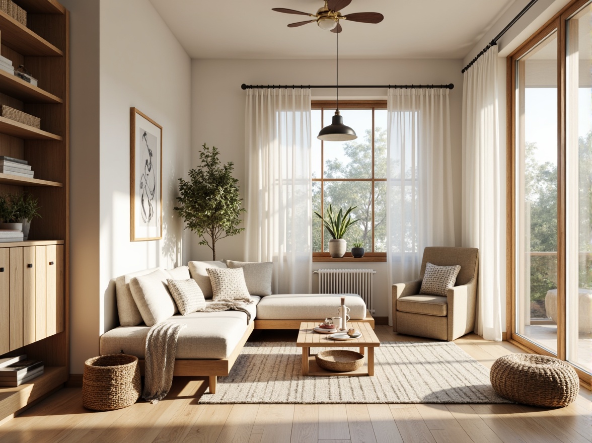 Prompt: Cozy Scandinavian living room, soft warm lighting, natural wood accents, minimal ornamentation, functional simplicity, monochromatic color palette, creamy whites, pale woods, warm beige tones, textured rugs, woven baskets, rustic wooden furniture, pendant lamps, candles, floor-to-ceiling windows, Nordic-inspired decorative elements, subtle patterned fabrics, airy atmosphere, relaxed ambiance, soft shadows, shallow depth of field, 2/3 composition, naturalistic textures, ambient occlusion.