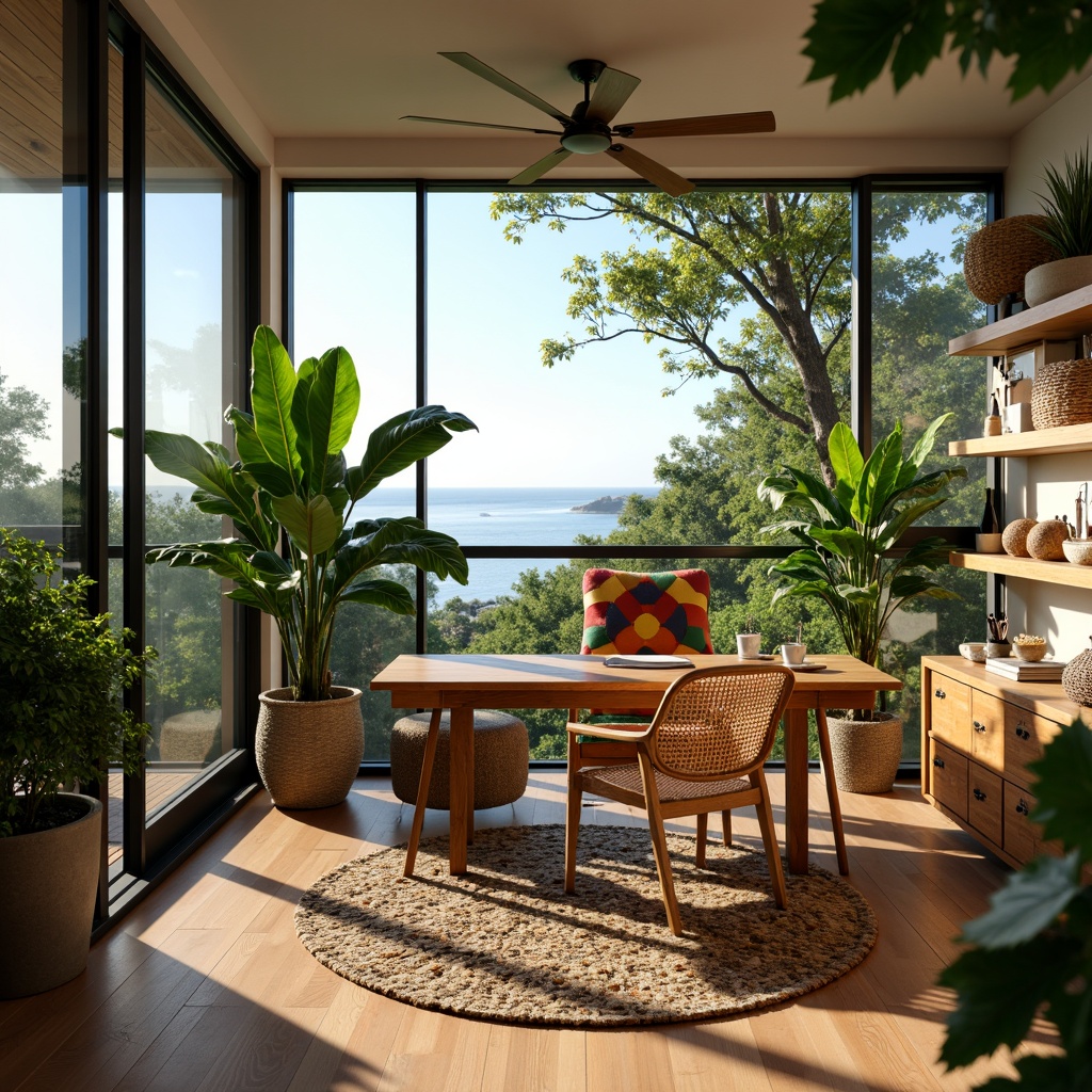 Prompt: Vibrant home office, tropical plants, wooden desk, woven rattan chair, colorful throw pillows, natural fiber rug, reclaimed wood shelves, modern minimalist decor, large windows, sliding glass doors, ocean view, sunny day, soft warm lighting, shallow depth of field, 3/4 composition, panoramic view, realistic textures, ambient occlusion.