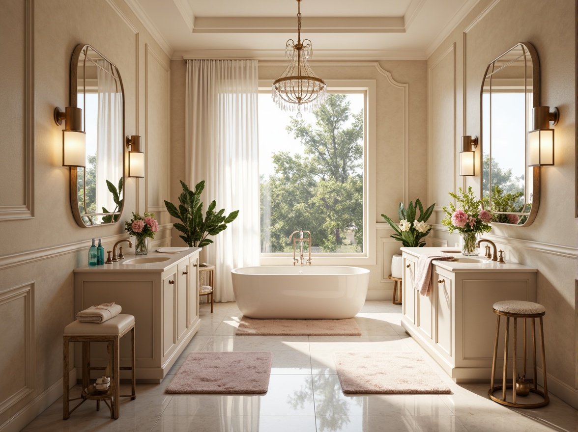 Prompt: Soft powder room ambiance, calming beige walls, creamy white marble countertops, warm golden lighting, luxurious velvet textiles, subtle sheen finishes, delicate floral patterns, pastel pink accents, gentle turquoise hints, soothing lavender undertones, elegant crystal chandeliers, refined silver hardware, plush area rugs, tranquil natural scenery, morning sunlight, shallow depth of field, 1/2 composition, soft focus, realistic reflections.