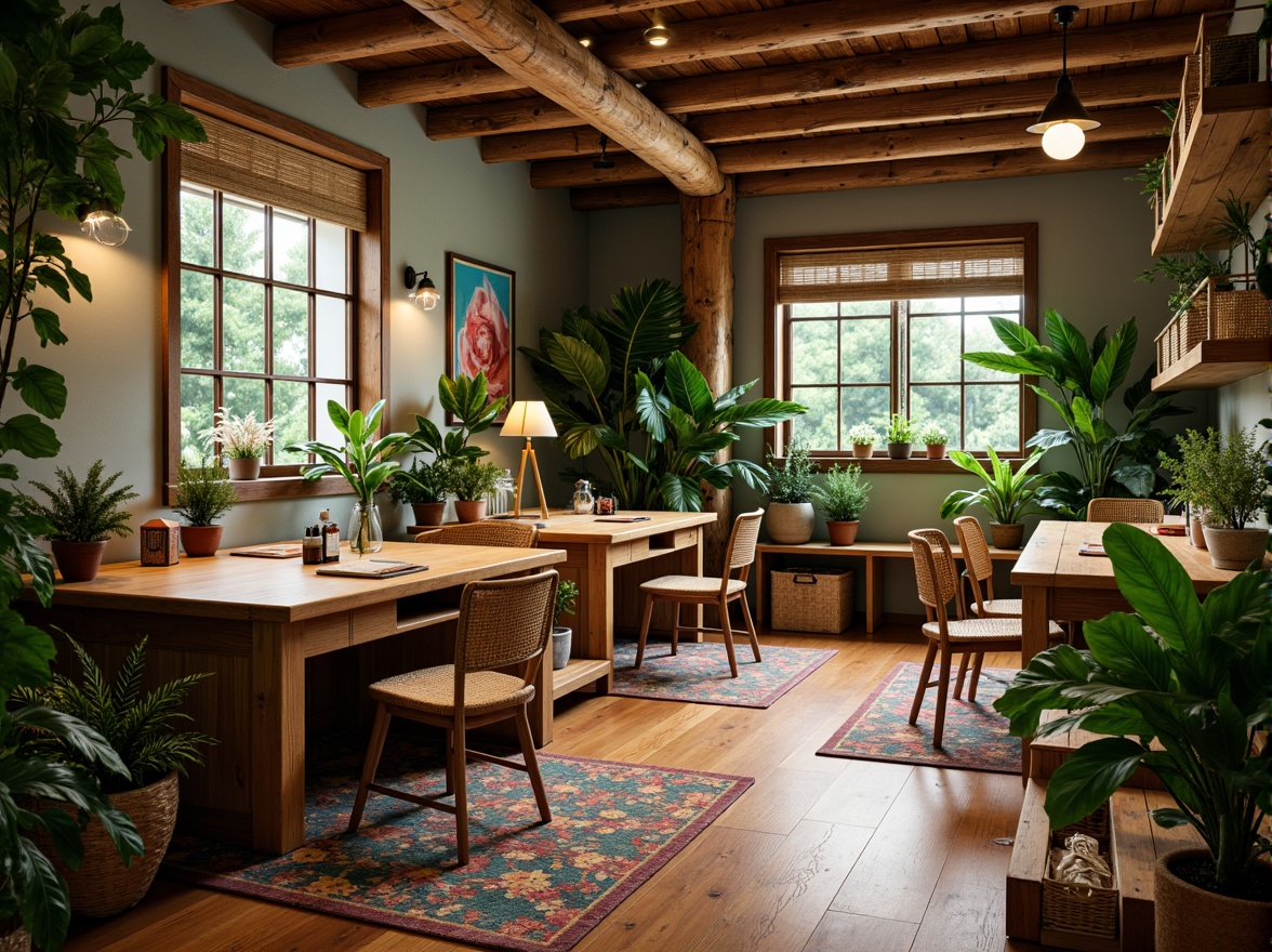 Prompt: Rustic wooden desks, woven rattan chairs, lush greenery, exotic plants, natural textiles, vibrant colors, tropical patterns, woven baskets, reclaimed wood accents, minimalist decor, open shelving, ergonomic design, comfortable seating, task lighting, warm ambient lighting, shallow depth of field, 1/1 composition, realistic textures, ambient occlusion.