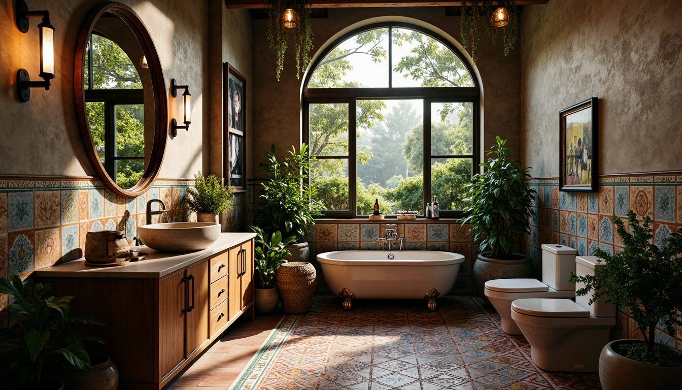 Prompt: Vibrant bathroom oasis, eclectic mix of vintage and modern elements, distressed wooden cabinets, ornate metal fixtures, colorful Moroccan tiles, abstract artwork, freestanding tub, rainfall showerhead, lush greenery, natural stone walls, reclaimed wood accents, industrial metal lighting, soft warm glow, shallow depth of field, 1/1 composition, intimate atmospheric mood, realistic textures, ambient occlusion.