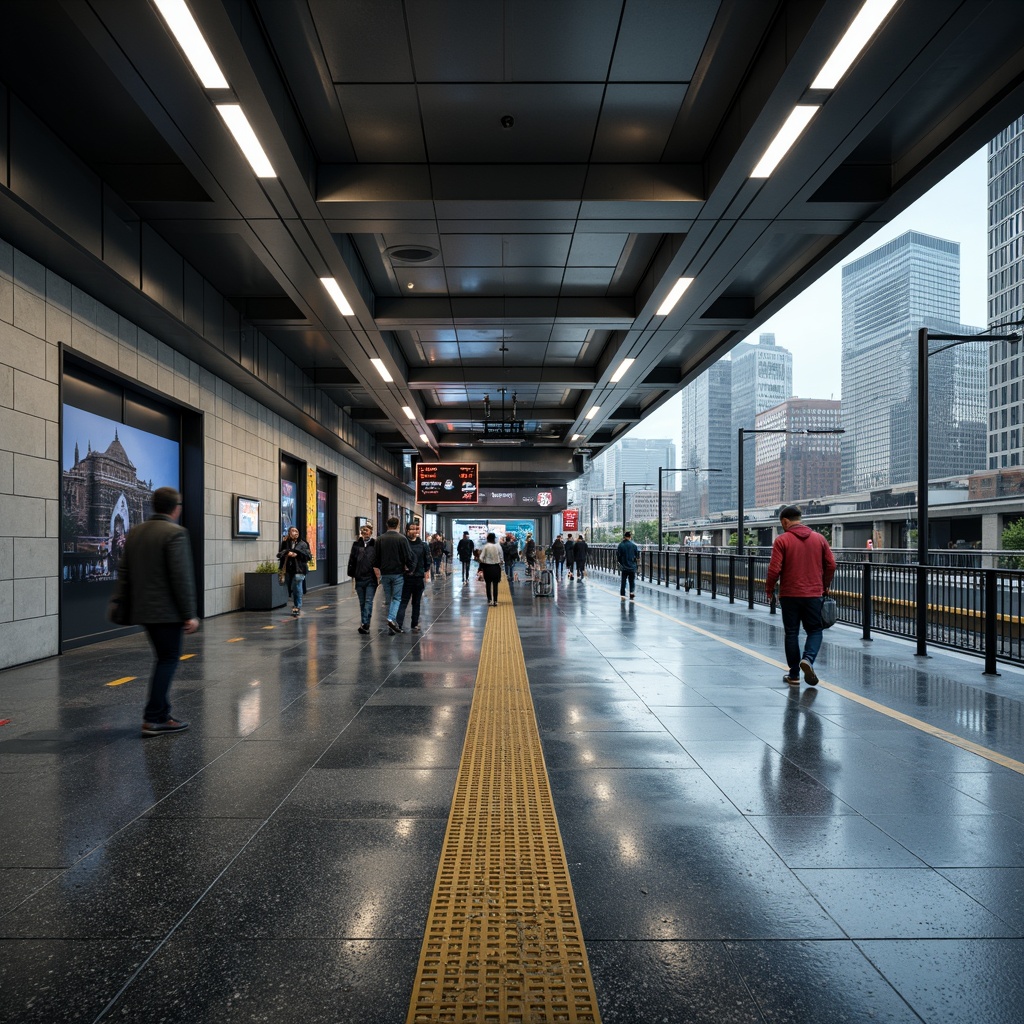 Prompt: Urban metro station, high-traffic areas, durable flooring materials, slip-resistant surfaces, industrial-grade concrete, epoxy coatings, seamless joints, drainage systems, stainless steel railings, modern LED lighting, futuristic architecture, busy pedestrian flow, rush hour scenarios, reflective signage, wayfinding graphics, urban cityscape, underground tunnels, elevated platforms, dynamic crowd simulation, 3/4 composition, wide-angle lens, realistic reflections, ambient occlusion.