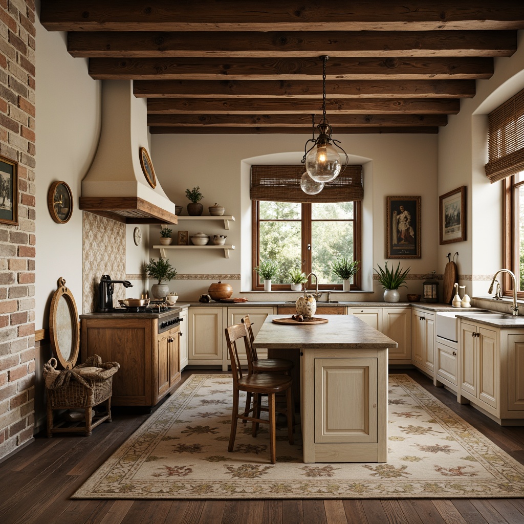 Prompt: Classic kitchen, ornate wooden cabinetry, elegant countertops, vintage-style appliances, bronze hardware, soft warm lighting, creamy whites, rich woods, earthy tones, farmhouse sink, exposed brick walls, rustic beams, natural stone flooring, distressed finishes, antique decor, floral patterns, ornate metalwork, 3/4 composition, realistic textures, ambient occlusion.