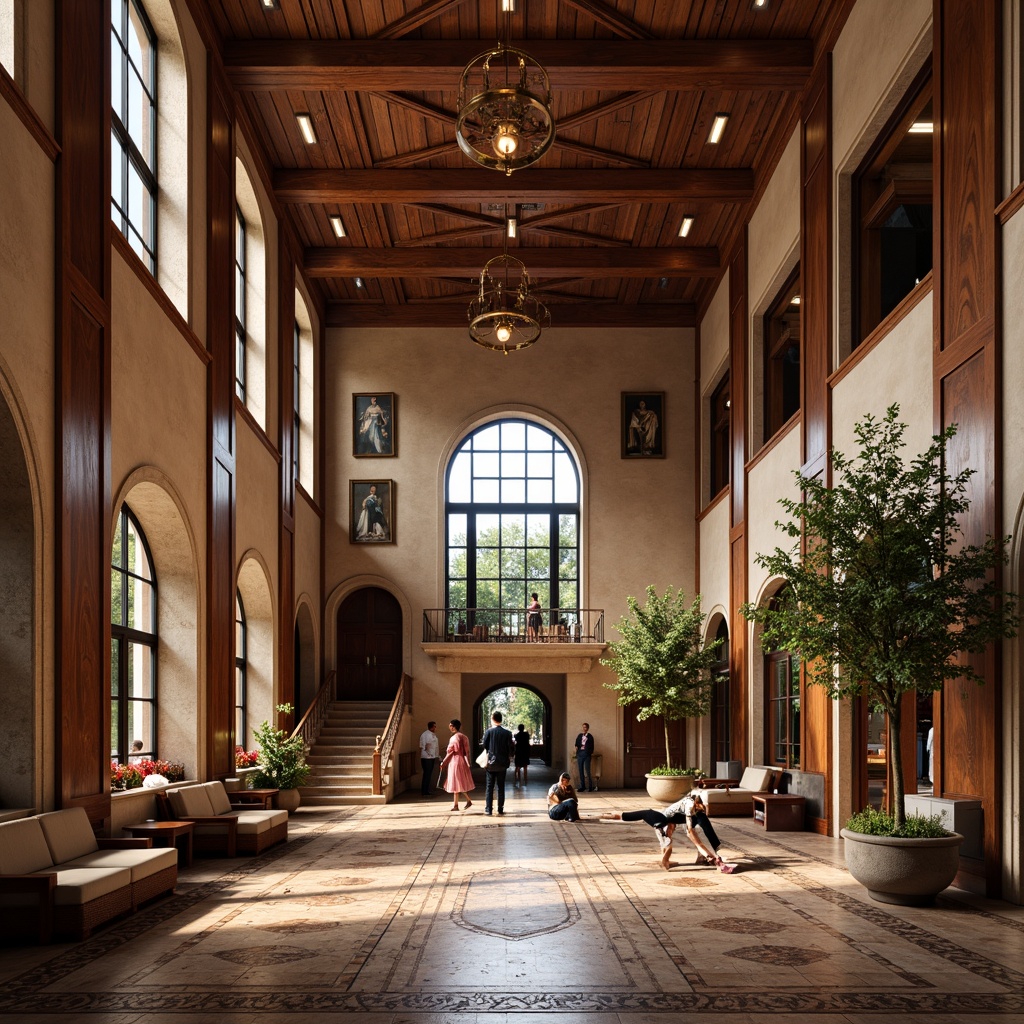 Prompt: Renaissance-inspired campus interior, warm wooden flooring, rich walnut panels, polished marble surfaces, intricate tile mosaics, ornate stone inlays, luxurious carpeting, soft plush rugs, elegant staircases, grand chandeliers, high ceilings, large windows, natural light pouring in, subtle warm lighting, 3/4 composition, realistic textures, ambient occlusion.