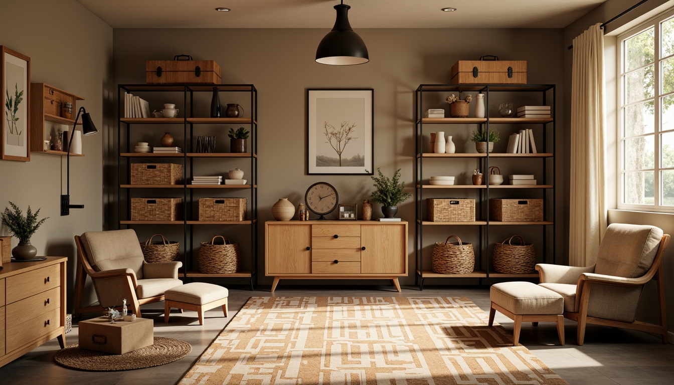 Prompt: Mid-century modern storage room, wooden crates, industrial metal shelves, vintage luggage racks, woven baskets, geometric-patterned rugs, minimalist decor, warm beige walls, sleek oak furniture, retro-inspired lighting fixtures, functional storage units, Scandinavian-style cabinets, natural textiles, earthy color palette, cozy atmosphere, soft ambient lighting, shallow depth of field, 1/1 composition, realistic textures.