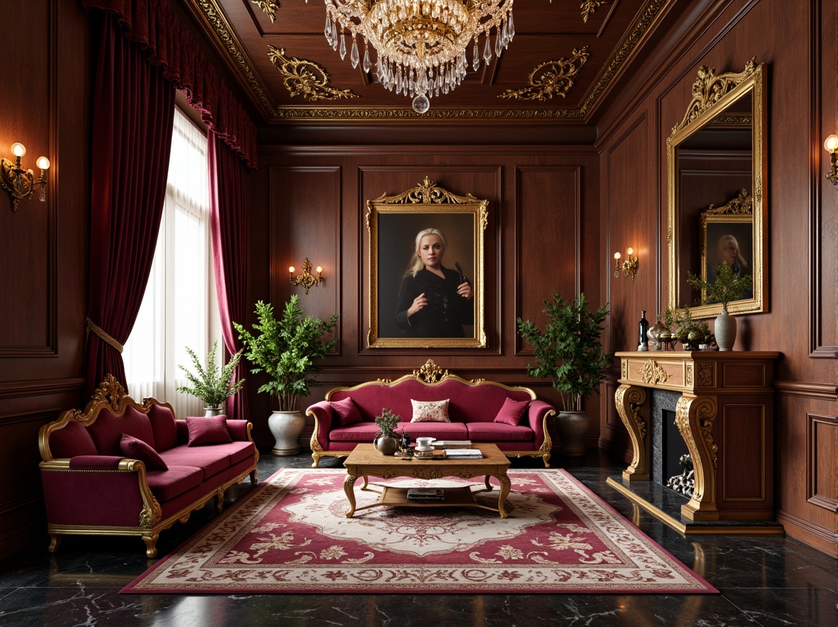 Prompt: Luxurious velvet fabrics, intricately carved wooden furniture, ornate golden accents, crystal chandeliers, marble flooring, lavish drapery, plush area rugs, opulent upholstery, Baroque-inspired patterns, rich jewel tones, warm candlelight, soft focus photography, 1/1 composition, shallow depth of field, realistic textures, ambient occlusion.