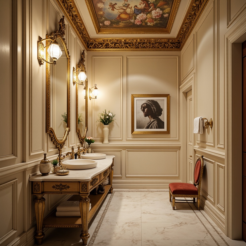 Prompt: Luxurious powder room, ornate Baroque architecture, elegant wall paneling, rich wood textures, golden ornaments, soft cream colors, intricate carvings, velvet upholstery, crystal chandeliers, lavish furnishings, subtle sheen, warm ambient lighting, shallow depth of field, 1/2 composition, ornamental mirrors, delicate moldings, frescoed ceilings, opulent fabrics, sophisticated ambiance.