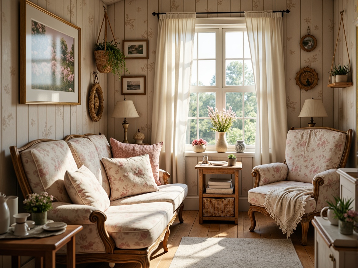 Prompt: Soft, romantic cottage, distressed finishes, vintage decor, feminine accents, pastel hues, pale pink roses, lavender fields, creamy whites, warm beiges, soft peach tones, weathered wood, ornate metalwork, delicate lace, floral patterns, natural fabrics, rustic textures, warm golden lighting, shallow depth of field, 1/1 composition, intimate atmosphere, whimsical details.