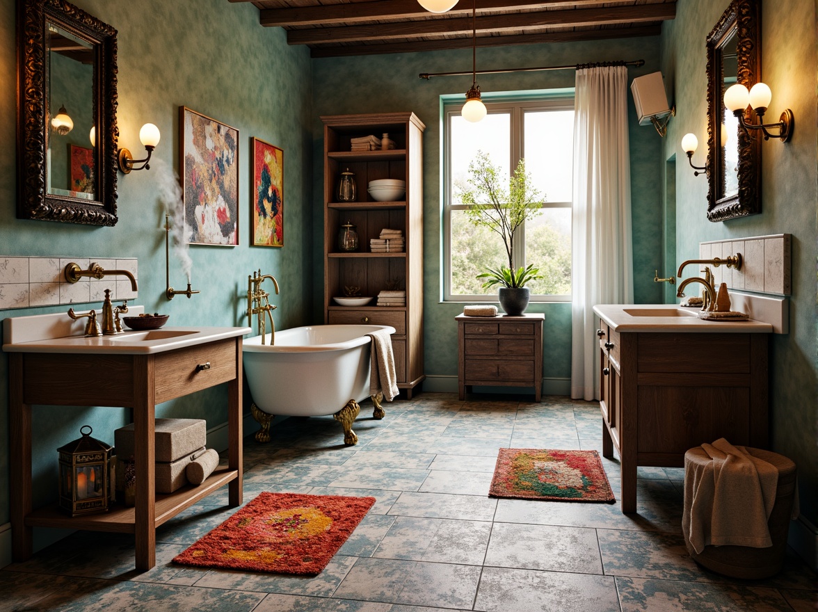 Prompt: Whimsical bathroom, eclectic style fixtures, vintage ornate mirrors, distressed wood vanities, freestanding tubs, bold colorful tiles, unique patterned rugs, antique brass faucets, ornate metal lanterns, natural stone countertops, reclaimed wood accents, soft warm lighting, subtle steam effects, 1/1 composition, shallow depth of field, realistic textures, ambient occlusion.