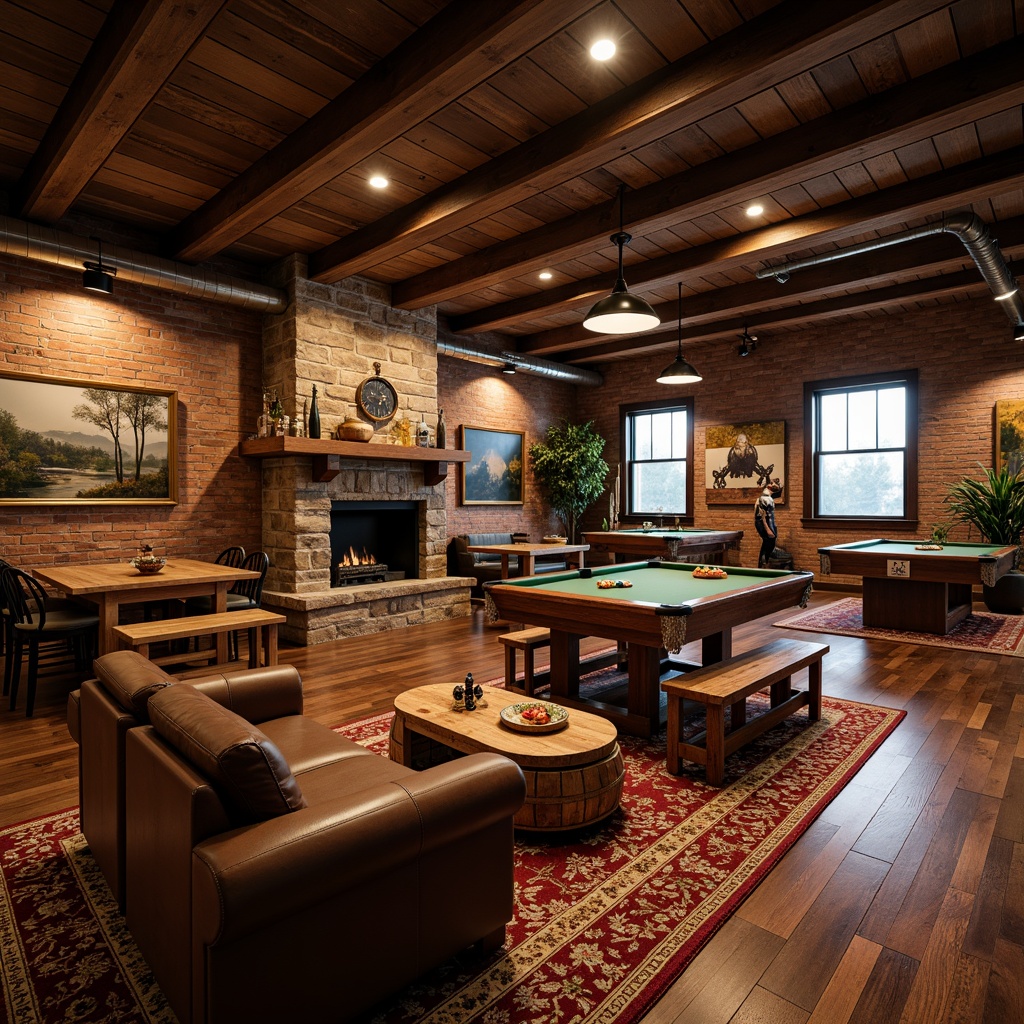 Prompt: Rustic game room, wooden accents, vintage decor, warm earthy tones, distressed hardwood flooring, reclaimed wood planks, exposed brick walls, industrial metal beams, cozy ambient lighting, plush area rugs, rich leather furnishings, natural stone fireplaces, wooden barrel tables, eclectic decorative items, soft warm color palette, shallow depth of field, 2/3 composition, cinematic lighting, realistic textures.