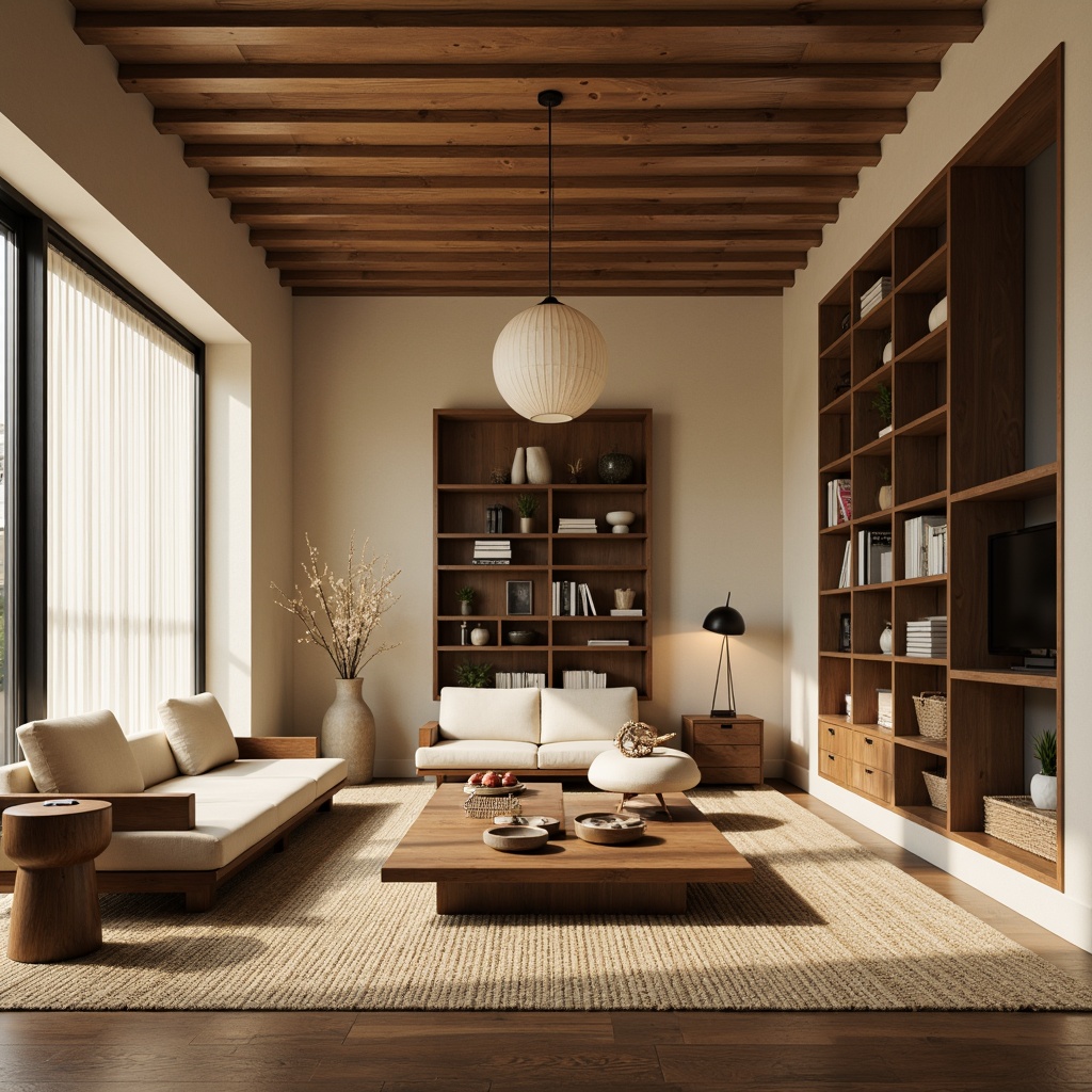 Prompt: Minimalist great room, Asian-inspired decor, warm beige walls, dark wood accents, low-seating sofas, sleek coffee tables, floor-to-ceiling windows, natural light, sheer curtains, rice paper lanterns, woven bamboo rugs, subtle patterns, earthy tones, cozy reading nooks, built-in shelving units, hidden storage compartments, smart home automation systems, ambient lighting, 3-point perspective composition, realistic reflections, soft focus blur.