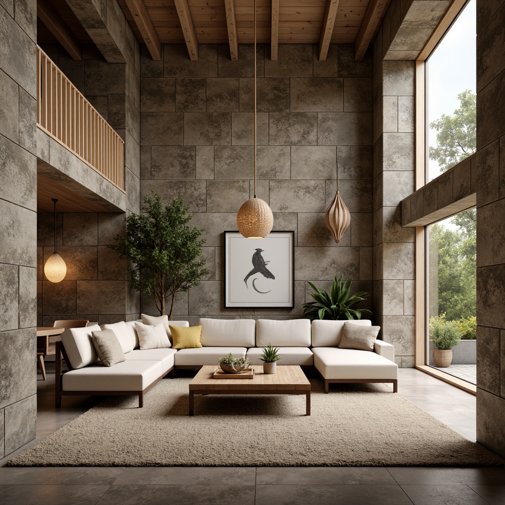 Prompt: Cozy living room, textured stone walls, earthy color palette, natural material accents, plush area rug, comfortable sectional sofa, wooden coffee table, pendant lighting fixtures, greenery additions, large windows, soft diffused light, 1/1 composition, realistic textures, ambient occlusion.