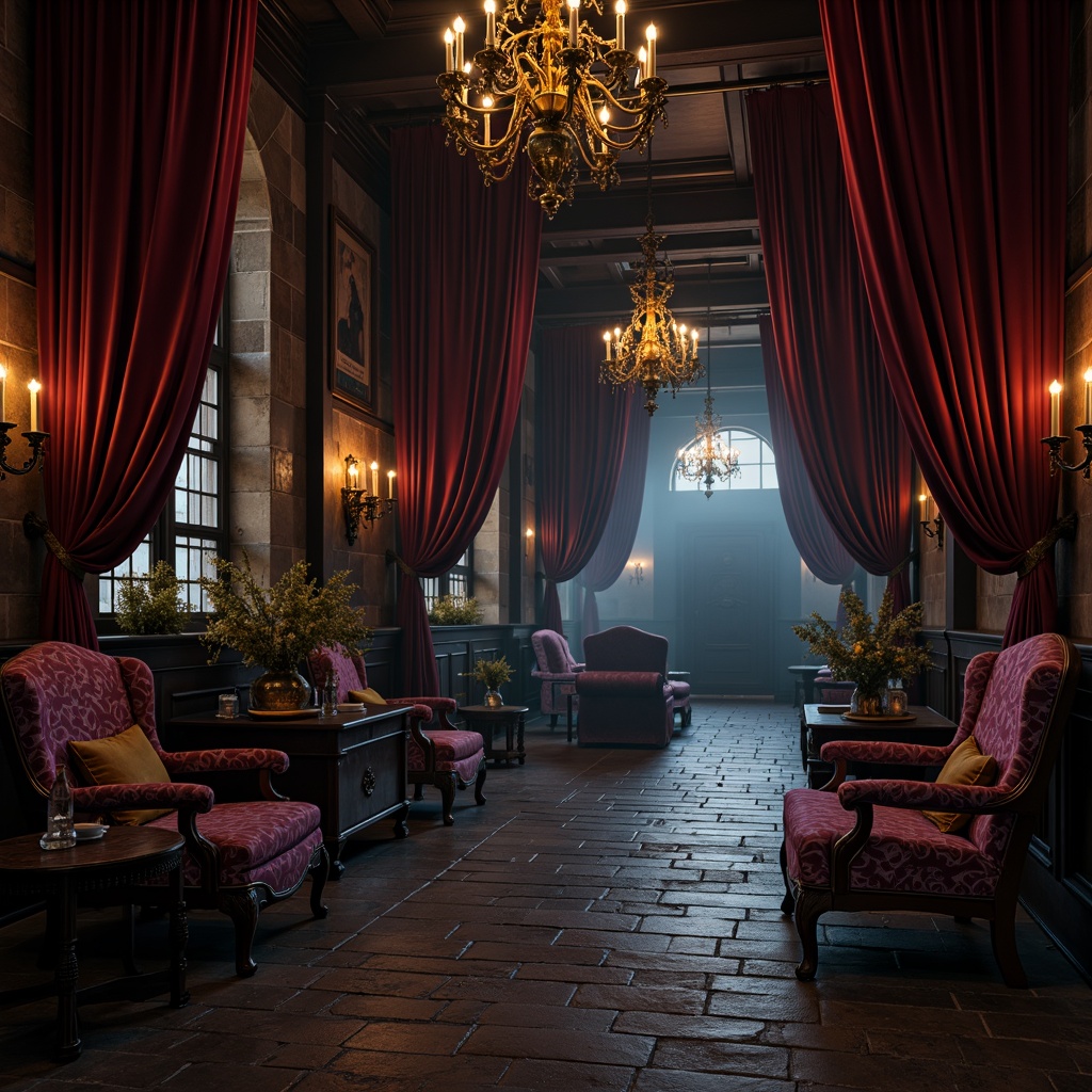 Prompt: Dark mysterious atmosphere, rich velvet drapes, ornate wooden furnishings, grand chandeliers, intricate stone carvings, dimly lit corridors, eerie candlelight, bold red accent walls, deep purple furniture upholstery, luxurious golden trimmings, weathered stone textures, mystical archways, dramatic vaulted ceilings, mysterious foggy ambiance, soft warm lighting, cinematic composition, high contrast ratios, detailed ornate patterns.