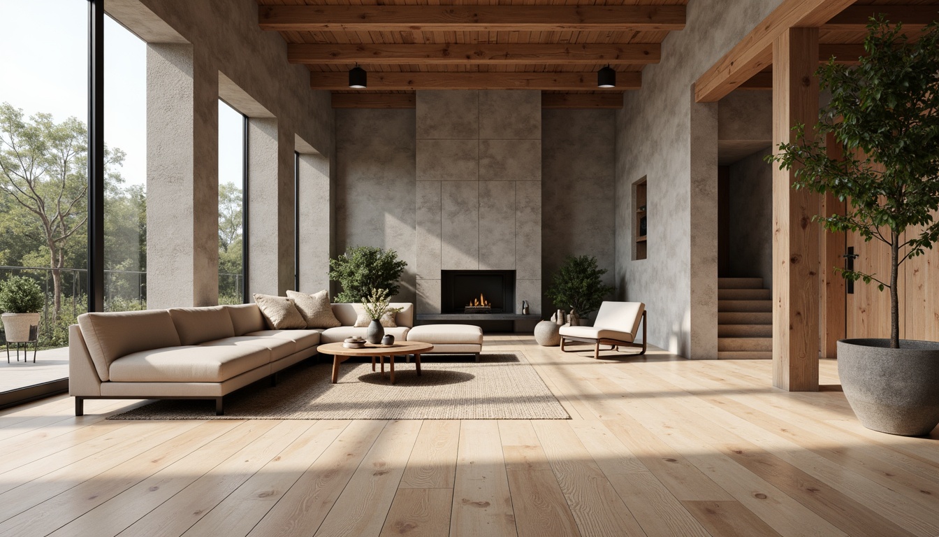 Prompt: Natural wood textures, light-colored oak floors, minimalist decor, sleek metal accents, subtle Nordic patterns, cozy woven textiles, earthy color palette, rustic wooden beams, industrial chic concrete walls, matte black metal frames, warm soft lighting, shallow depth of field, 3/4 composition, realistic wood grain, ambient occlusion.