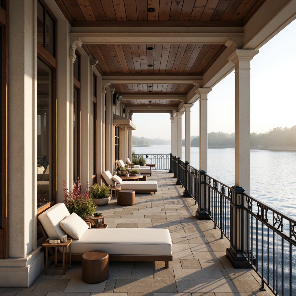 Prompt: Weathered wooden docks, soft misty mornings, serene lake views, elegant boathouse design, neoclassical columns, ornate metal railings, creamy whites, warm beiges, rich navy blues, subtle gold accents, rustic wood textures, smooth stone floors, cozy interior lighting, dramatic ceiling heights, refined furniture pieces, luxurious fabrics, soft natural color palette, harmonious blend of traditional and modern elements, tranquil atmosphere, gentle water reflections, warm sunny day, shallow depth of field, 1/2 composition, realistic render.