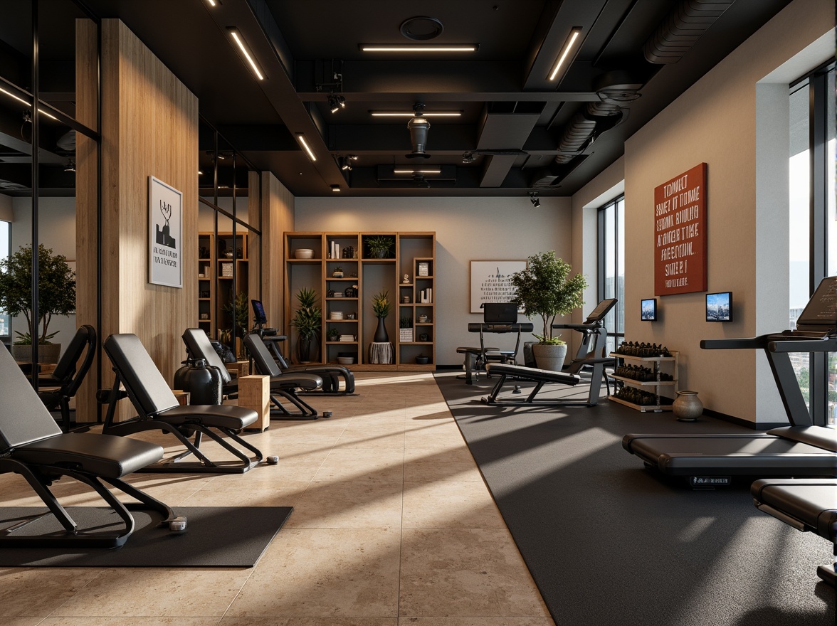 Prompt: Modern home gym, sleek metal equipment, mirrored walls, rubber flooring, adjustable lighting, ventilated systems, minimalist decor, compact storage units, modular shelving, labeled bins, organized accessory stations, foldable exercise mats, wall-mounted racks, ergonomic benches, motivational quotes, natural wood accents, calming color schemes, soft warm illumination, shallow depth of field, 1/1 composition, realistic textures.