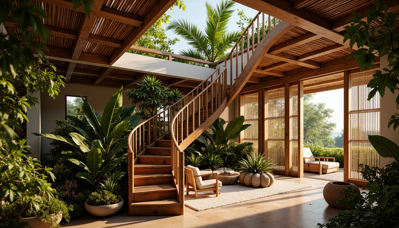 Prompt: Exotic tropical staircase, curved wooden railings, intricate metalwork, natural rattan accents, vibrant floral patterns, lush greenery surroundings, warm golden lighting, shallow depth of field, 3/4 composition, realistic textures, ambient occlusion, open-plan living area, beach-inspired color palette, reclaimed wood materials, woven fiber textiles, subtle coastal nuances.