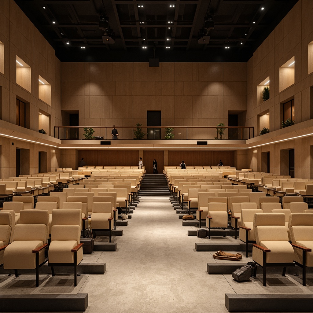 Prompt: Sleek modern auditorium, streamlined seating layout, minimalist design, curved rows, ergonomic chairs, wooden or metal frames, upholstered seats, adjustable armrests, ample legroom, optimized traffic flow, central aisle, subtle ambient lighting, warm beige tones, polished concrete floors, acoustic panels, sound-absorbing materials, state-of-the-art audio equipment, panoramic views, 3/4 composition, shallow depth of field, realistic textures.