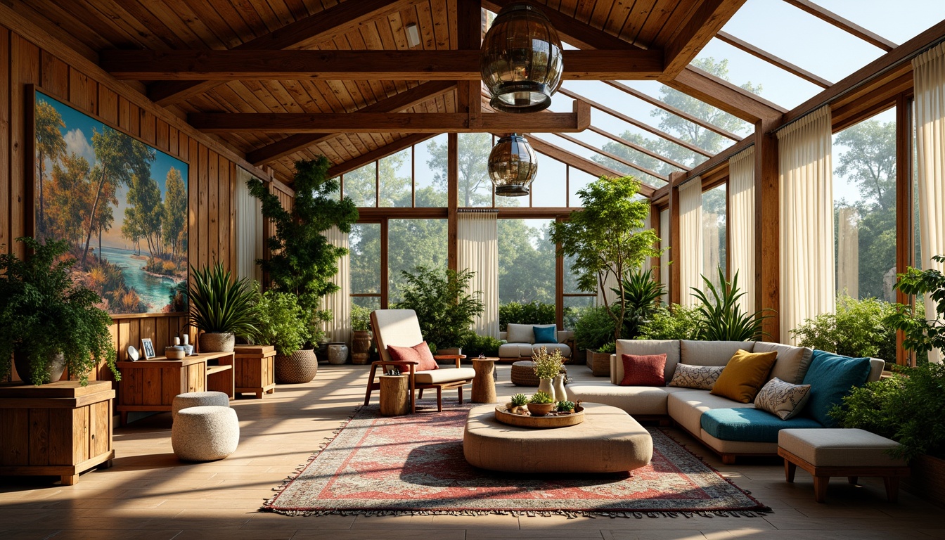 Prompt: Vibrant eclectic sunroom, natural light pouring in, lush greenery, colorful textiles, distressed wood accents, vintage decor, mixed metallic tones, abstract artwork, plush throw pillows, comfortable seating areas, sheer curtains, solar tubes, skylights, clerestory windows, rustic wooden beams, earthy color palette, warm ambiance, soft shadows, high contrast ratio, 1/1 composition, realistic textures, subtle camera movement.